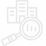 Magnifying glass over a storefront icon representing Local Root Marketing’s strategy sessions to help small businesses find the right marketing path