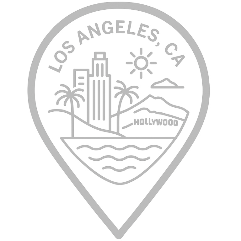 Minimalist location pin icon representing Los Angeles, featuring skyline, palm trees, the Hollywood sign, and coastal waves — designed for Los Angeles Website SEO social media marketing visuals.