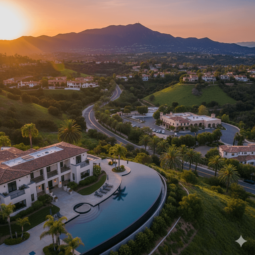High-end luxury estate in Calabasas with an infinity pool overlooking the Santa Monica Mountains and rolling green hills at sunset.